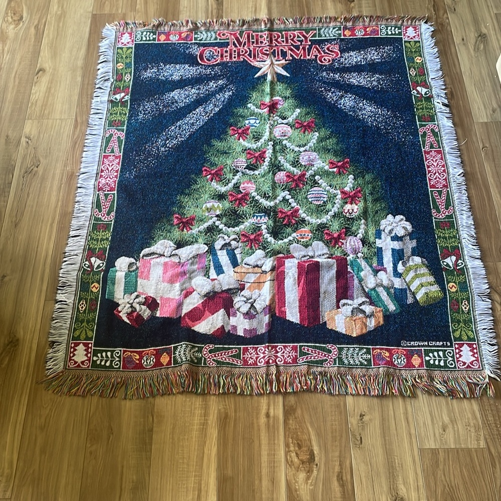 Crown Crafts Holiday Decor Knit Throw Blanket Christmas Tree and Presents